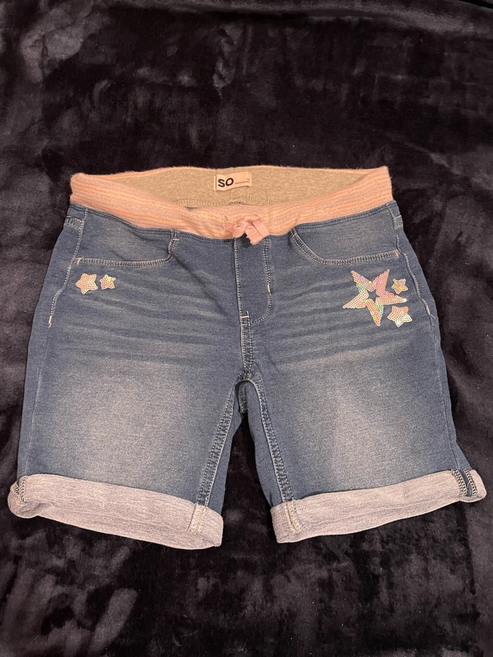 SO Girls' Blue Denim Shorts with Pink Elastic Waistband and Star Sequins